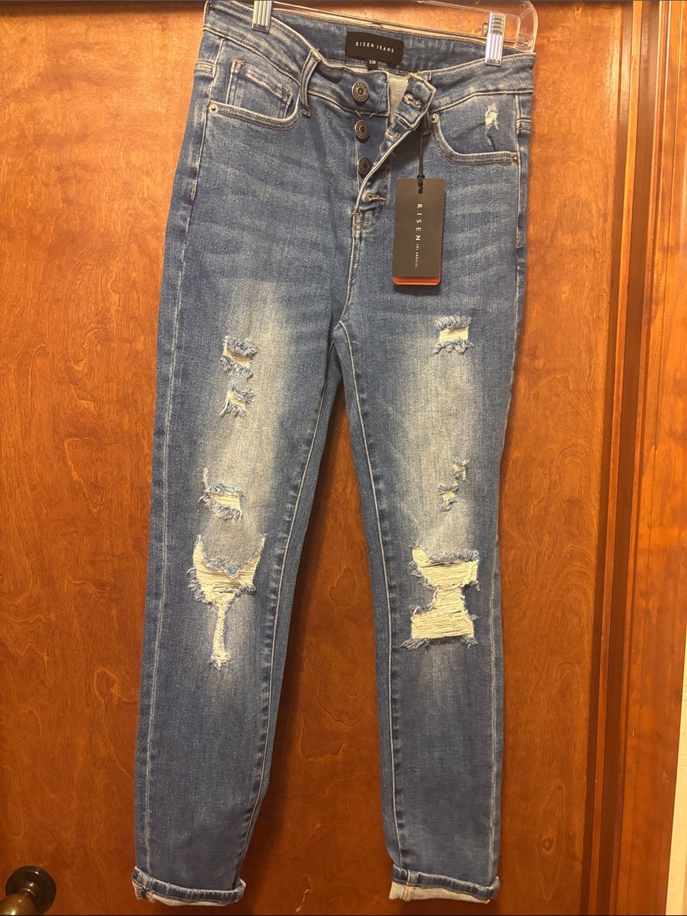 Risen Jeans Women's Button-Fly Distressed High-Rise Skinny Jeans in Medium Blue
